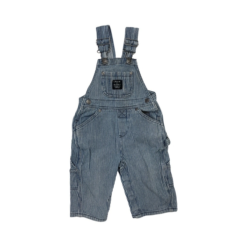 KEY Lakin McKey Baby Railroad Stripe Denim Overalls 9M Blue White Carpenter